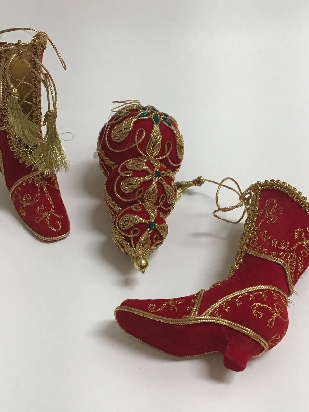 Victorian Look Christmas Tree Ornaments SET OF 3 Red Velvet Gold Trim Boots NEW
